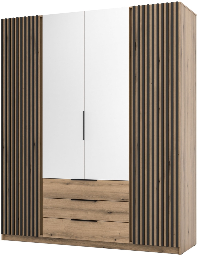 Selsey 'Kaja' Kleiderschrank 4-türig mit Lamellen, Spiegel & 3 Schubladen, Eiche Evoke, ca. 239 x 200 x 62 cm Bild 1