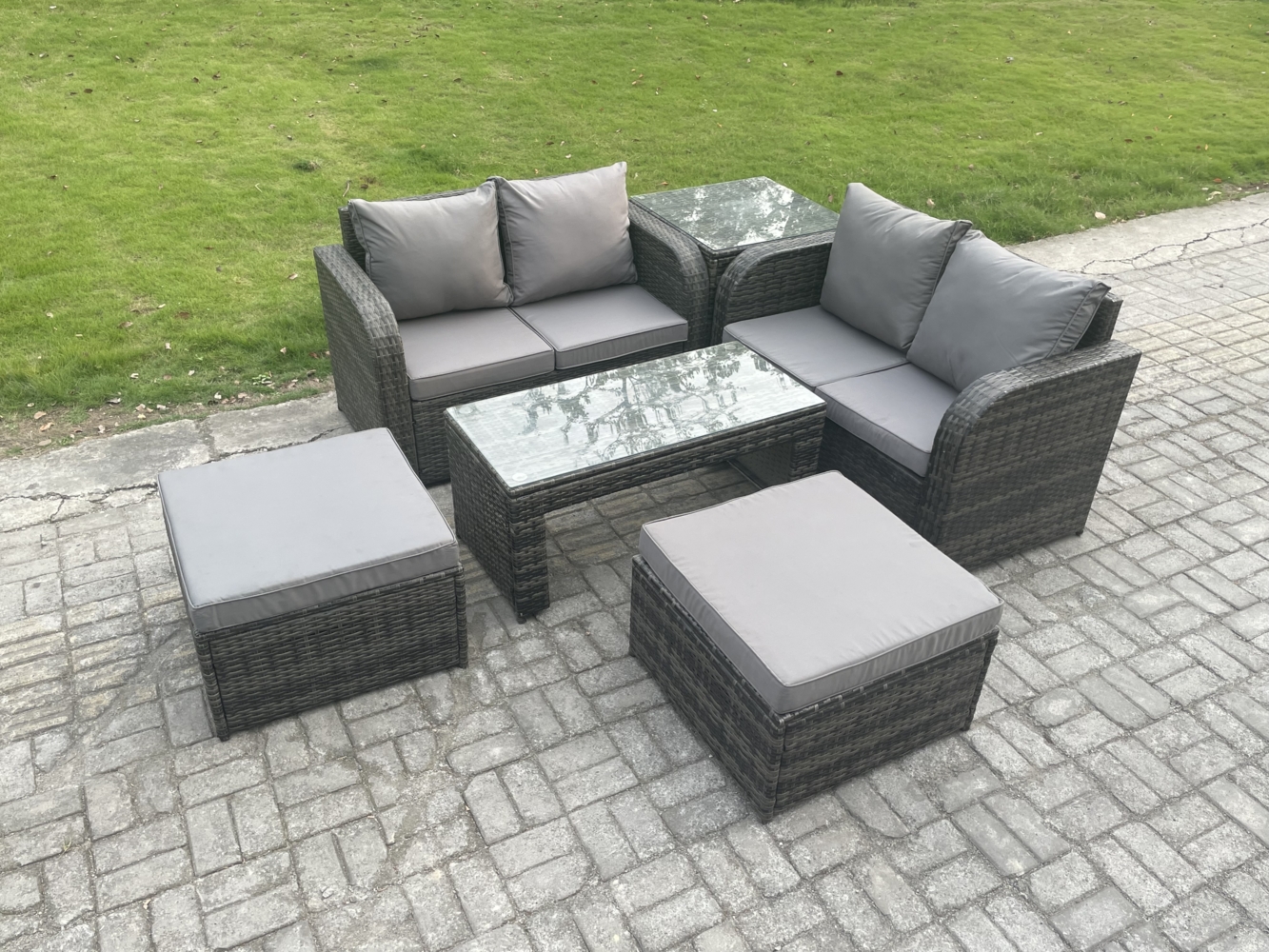 Fimous Hoher Rücken Rattan Gartenmöbel Sets mit Rechteckiger Couchtisch Liegestühle Love Sofa 2 hohen Hockern Beistelltisch Bild 1