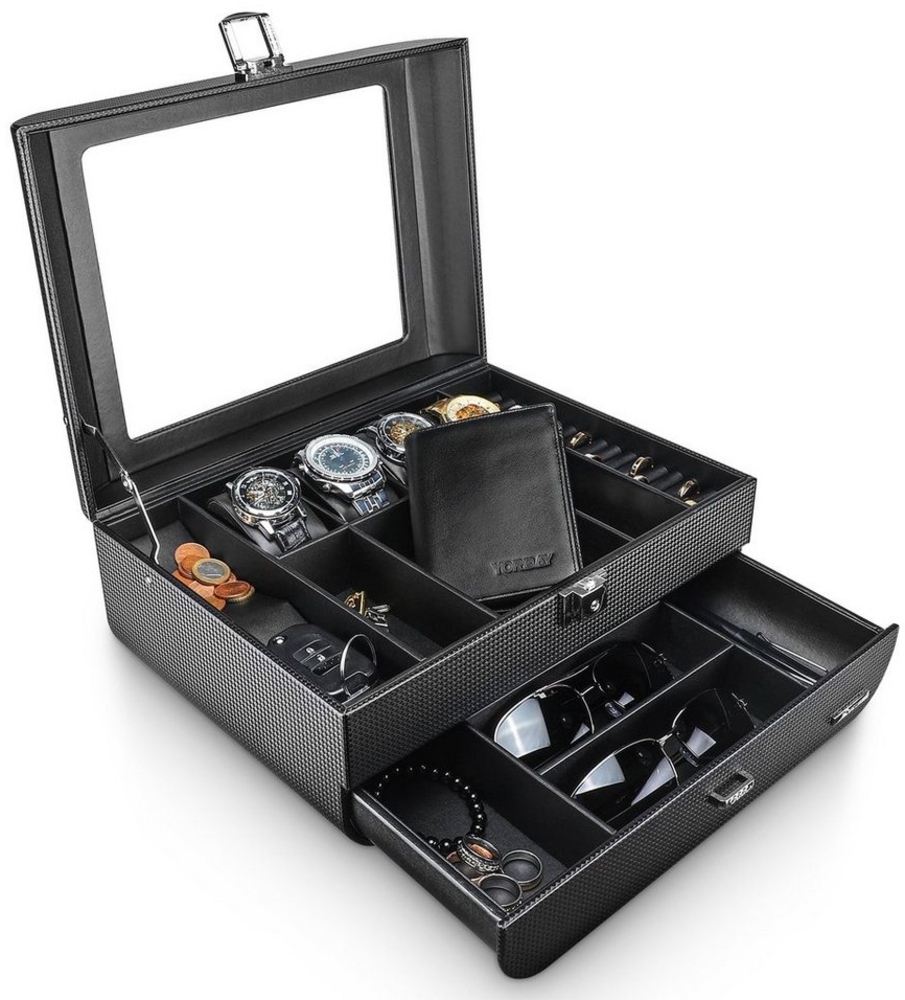 Yorbay Uhrenbox Uhrenbox für Herren, zwei Schichten, mit Glasdeckel, Schwarz (Uhren Aufbewahrungsbox, abschließbar Schmuckkästchen), Schmuckkasten für Uhren Schmuck Ringe Broschen Brille Bild 1