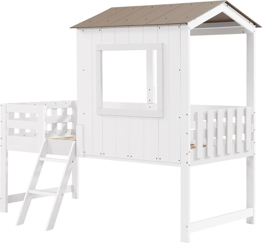 Hochbett mit Lattenrost, Rausfallschutz, Leiter und Dach, 90x200 cm, Kinderbett, Hausbett, Kiefer Bild 1