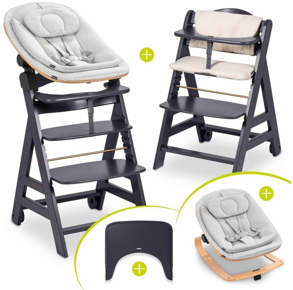 Hauck Hochstuhl Beta Plus Dark Grey Newbornset Eco - Light Grey (Set), Holz Babystuhl ab Geburt mit Neugeborenensufsatz, Sitzkissen, Essbrett Bild 1