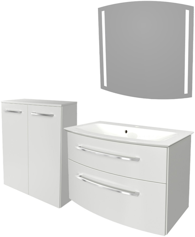 Fackelmann B.STYLE Badmöbel Set 4-teilig, 83 cm, Weiß + LED-Spiegel + Doppel-Midischrank Bild 1