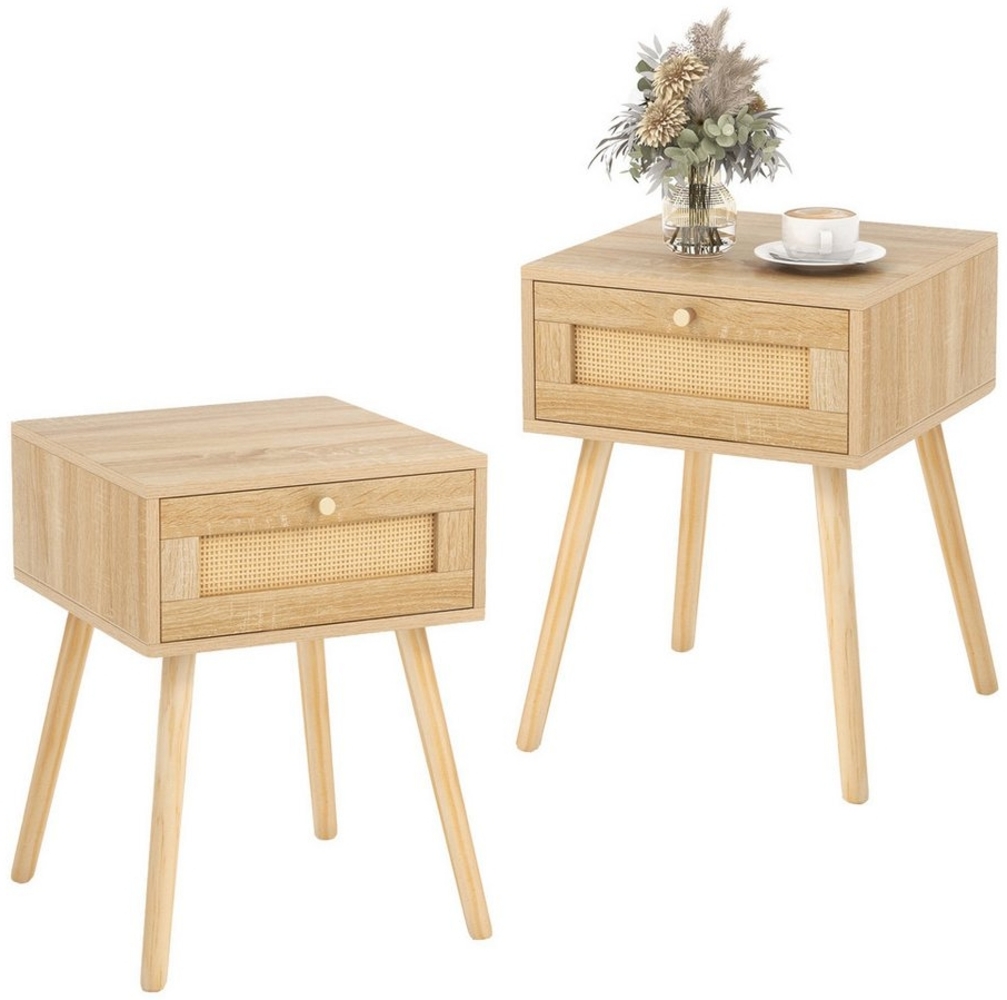 COSTWAY Nachttisch (2-St), mit Schublade und Rattan-Design, Eiche, 40x40x55cm Bild 1