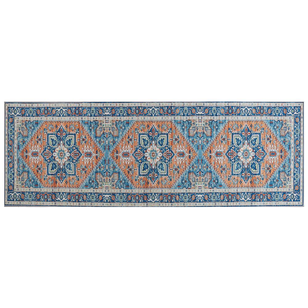 Teppich blau orange orientalisches Muster 70 x 200 cm Kurzflor RITAPURAM Bild 1