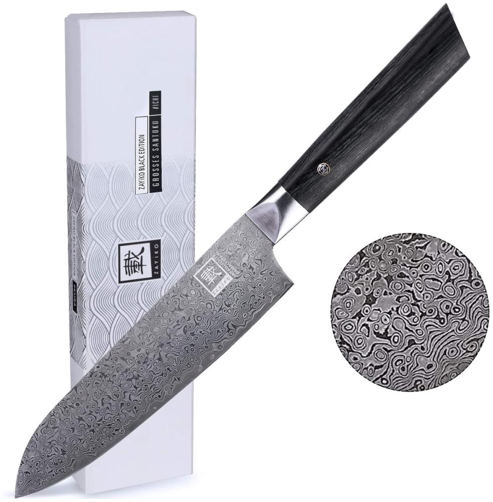 ZAYIKO Damastmesser BLACK EDITION "Santokumesser" - Pakkaholz - VG-10 Stahlkern Bild 1