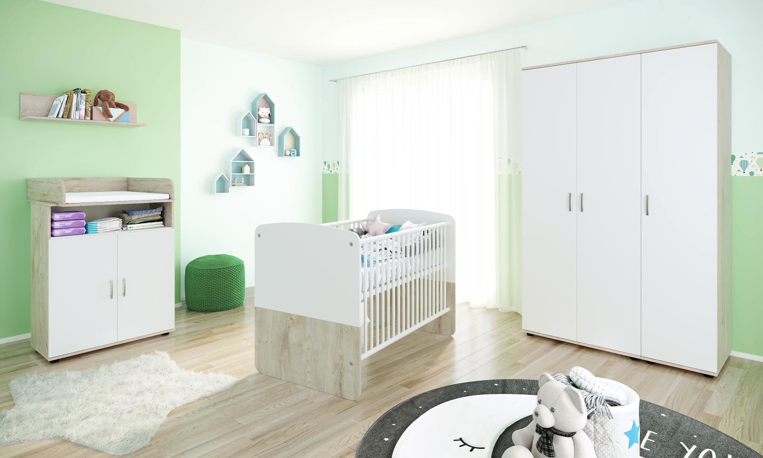 nonjoo Lani Set 7: best. aus Babybett, Kommode, Wickelaufsatz, Wandboard und Kleiderschrank 3-trg. Bild 1