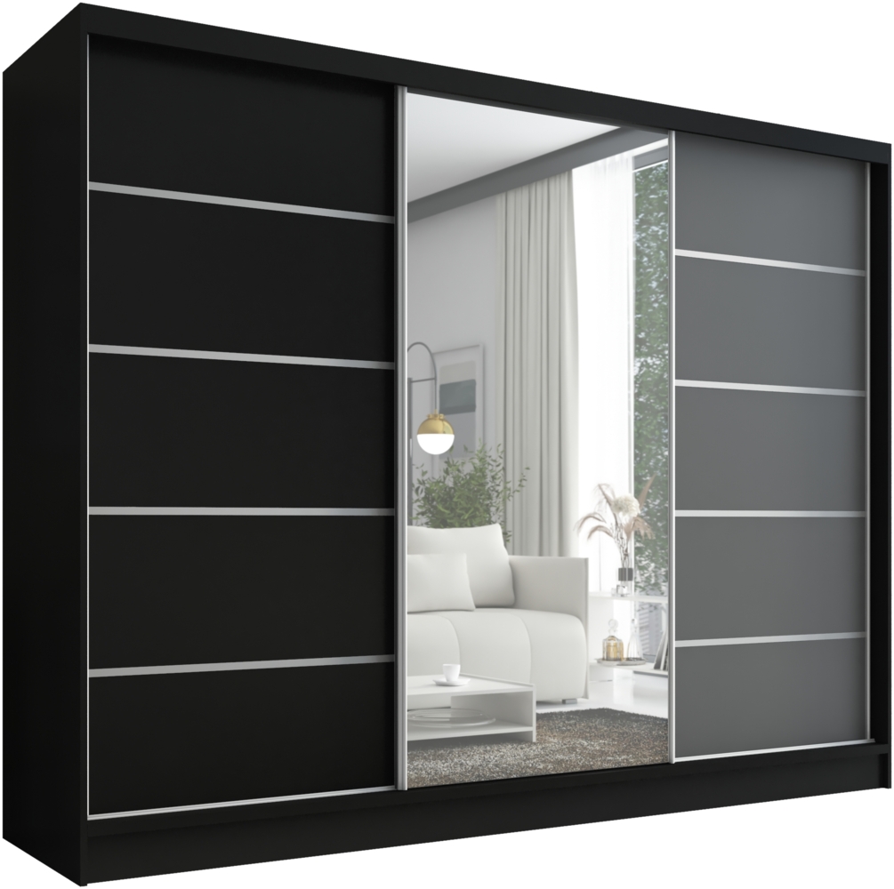 A&J Schwebetürenschrank, 3-türig Schrank 200 cm mit Spiegel AURELIA 1. Farbe: Schwarz, Eiche Kraft gold Bild 1