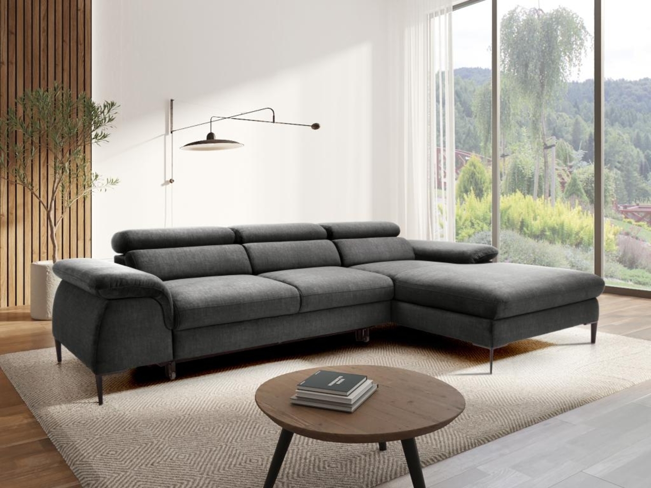 Vente-unique - Ecksofa mit Schlaffunktion - Ecke rechts - Samt - Anthrazit - SEPINA von PASCAL MORABITO Bild 1