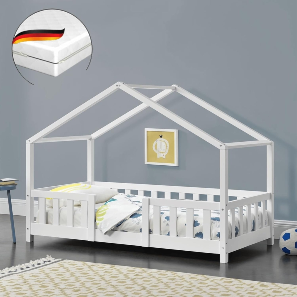 DELUKE® Kinderbett 70x140 cm MILA - mit Matratze Lattenrost Rausfallschutz Hausbett Kinder Haus Bett Kinderzimmer Bodenbett Einzelbett Kinder Bett Klein Kinderbett Montessori Bett Weiß Bild 1