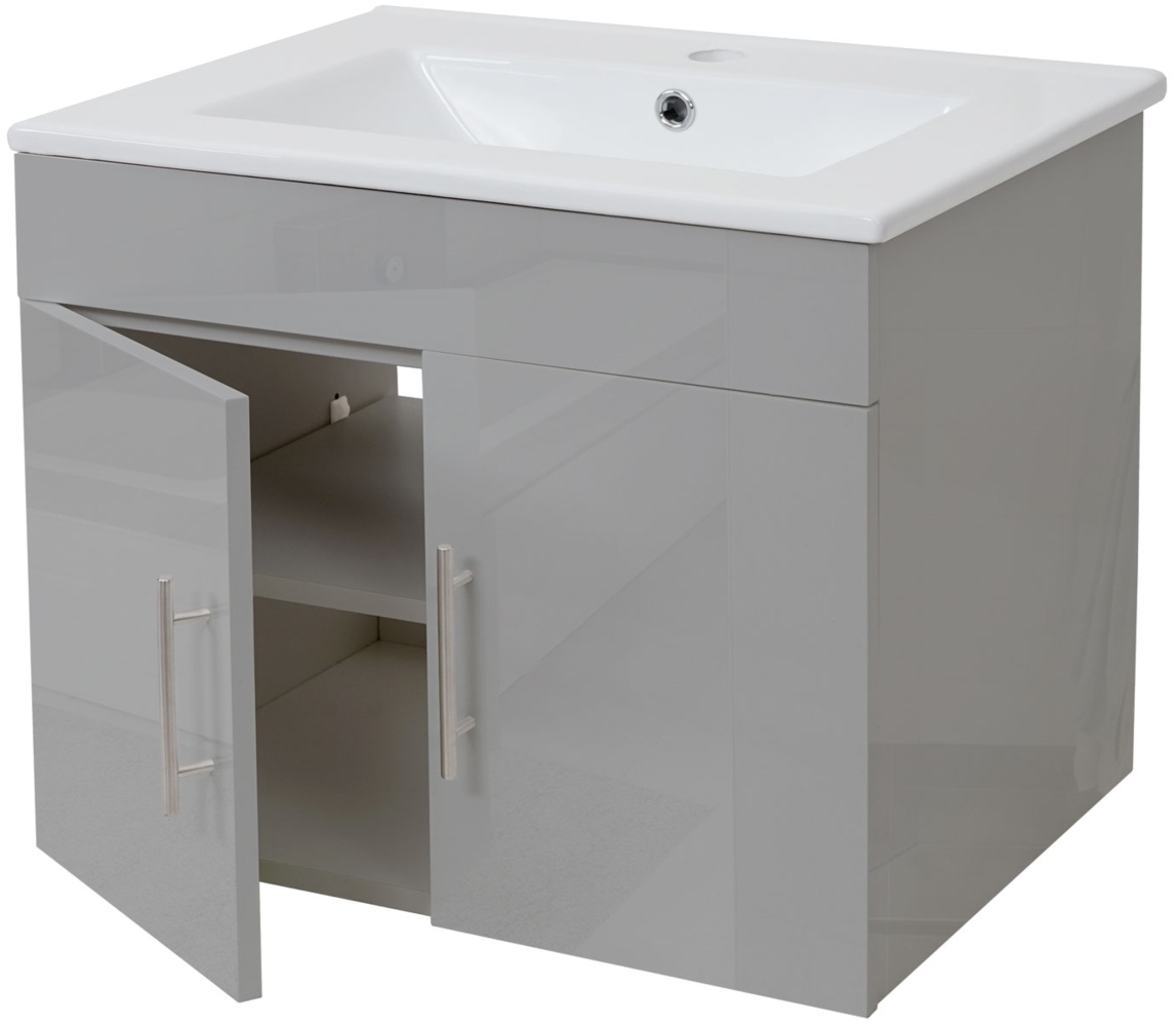Waschbecken + Unterschrank HWC-D16, Waschbecken Waschtisch, MVG-zertifiziert, hochglanz 60cm ~ grau Bild 1