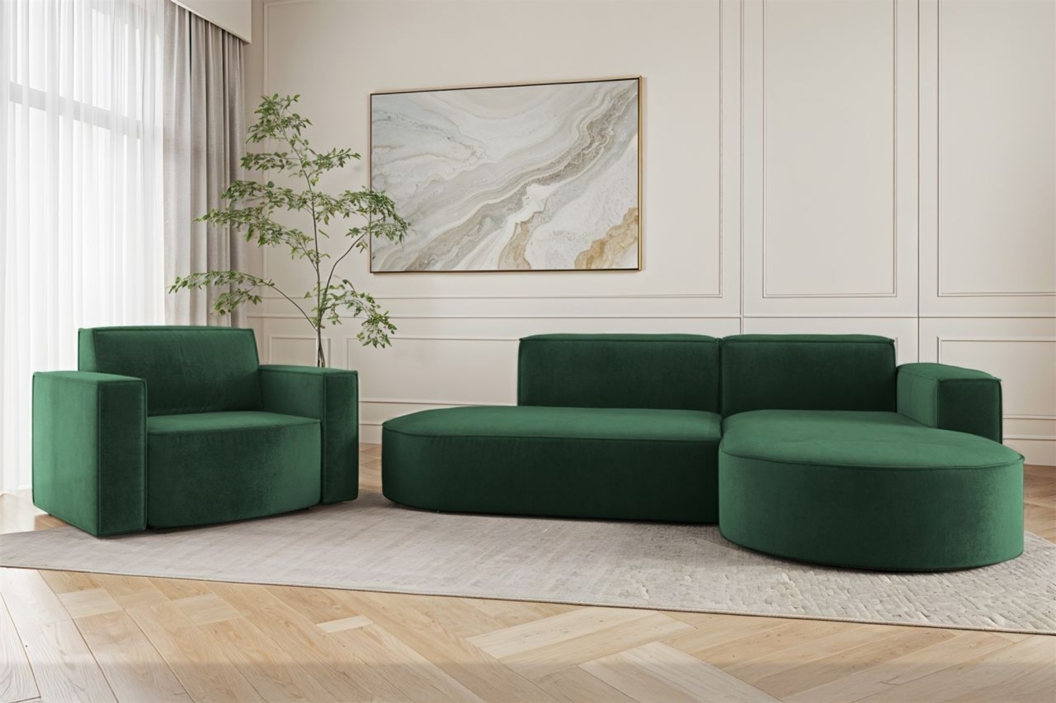 Sofa Set 2-teilig Sessel und Ecksofa PALMA XS Stoff Noel Grün Ottomane Rechts Bild 1