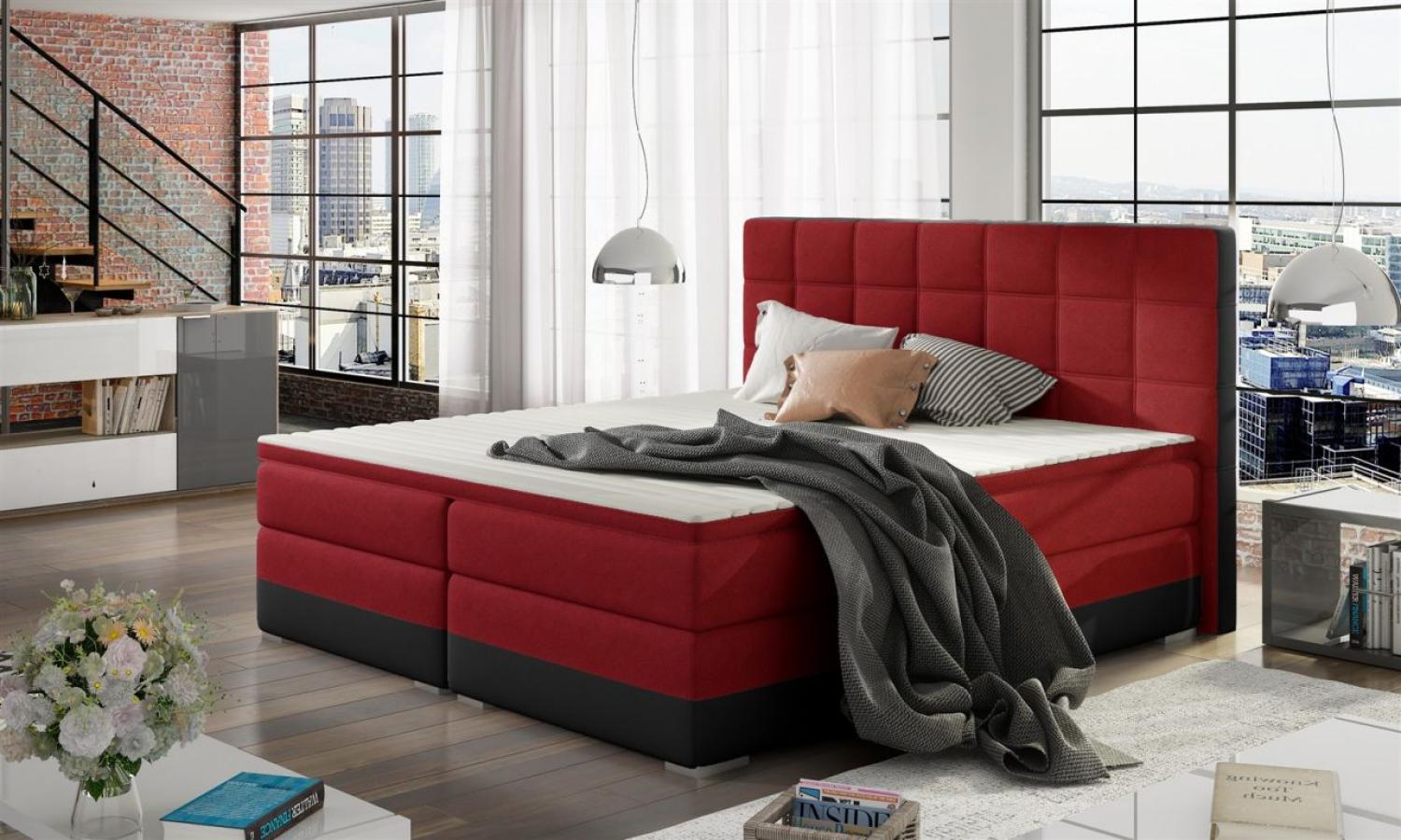 Boxspringbett PRATO Webstoff Rot/ Kunstleder Schwarz 140x200cm Bild 1