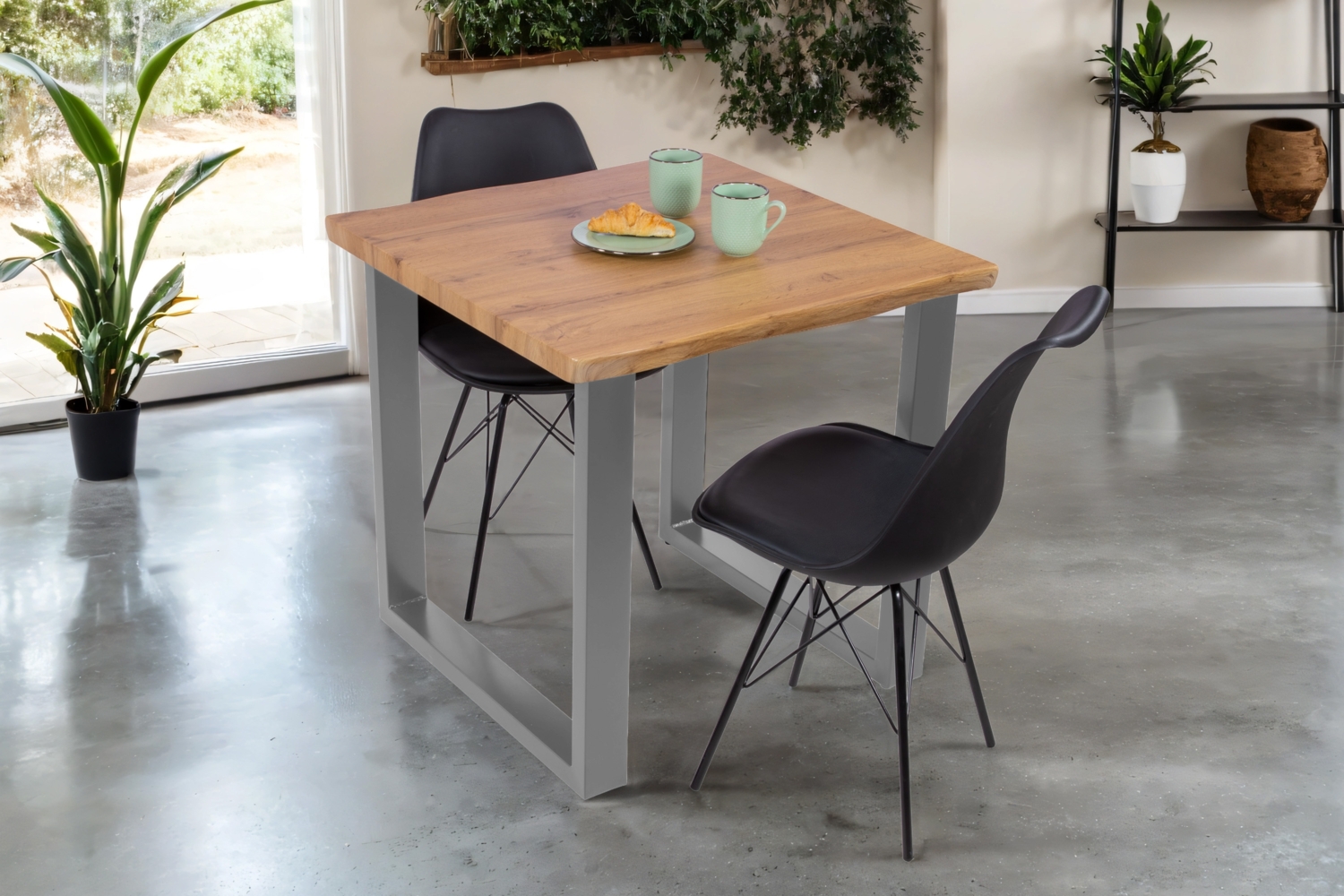Esstisch Baumkante Holz-Optik Wildeiche 80 x 80 U-Gestell silber JOSY 142464115 Bild 1