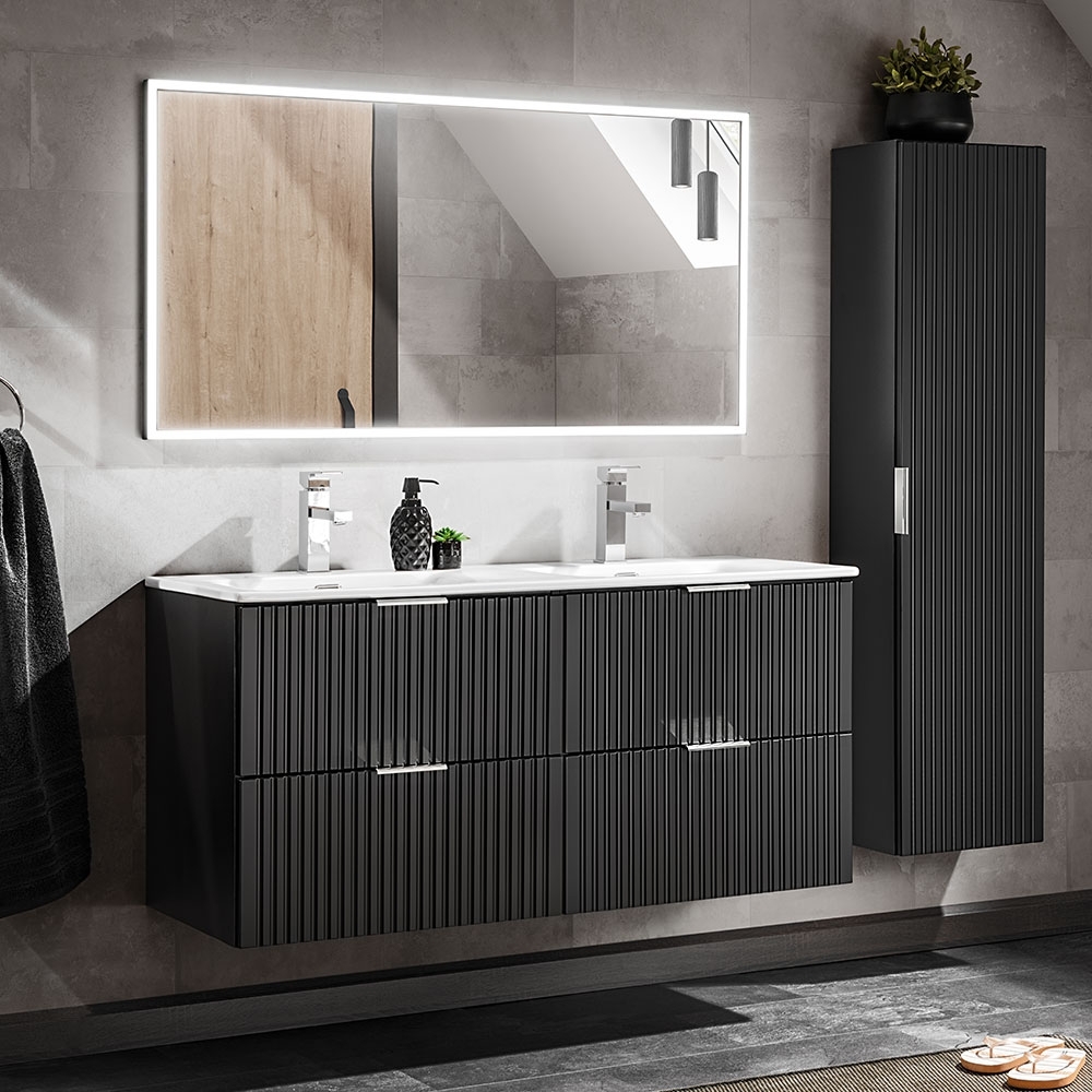 Badmöbel Set mit 121cm Waschtisch ADELAIDE-56-BLACK in matt schwarz mit Rillenoptik, B/H/T ca. 170/200/46 cm Bild 1