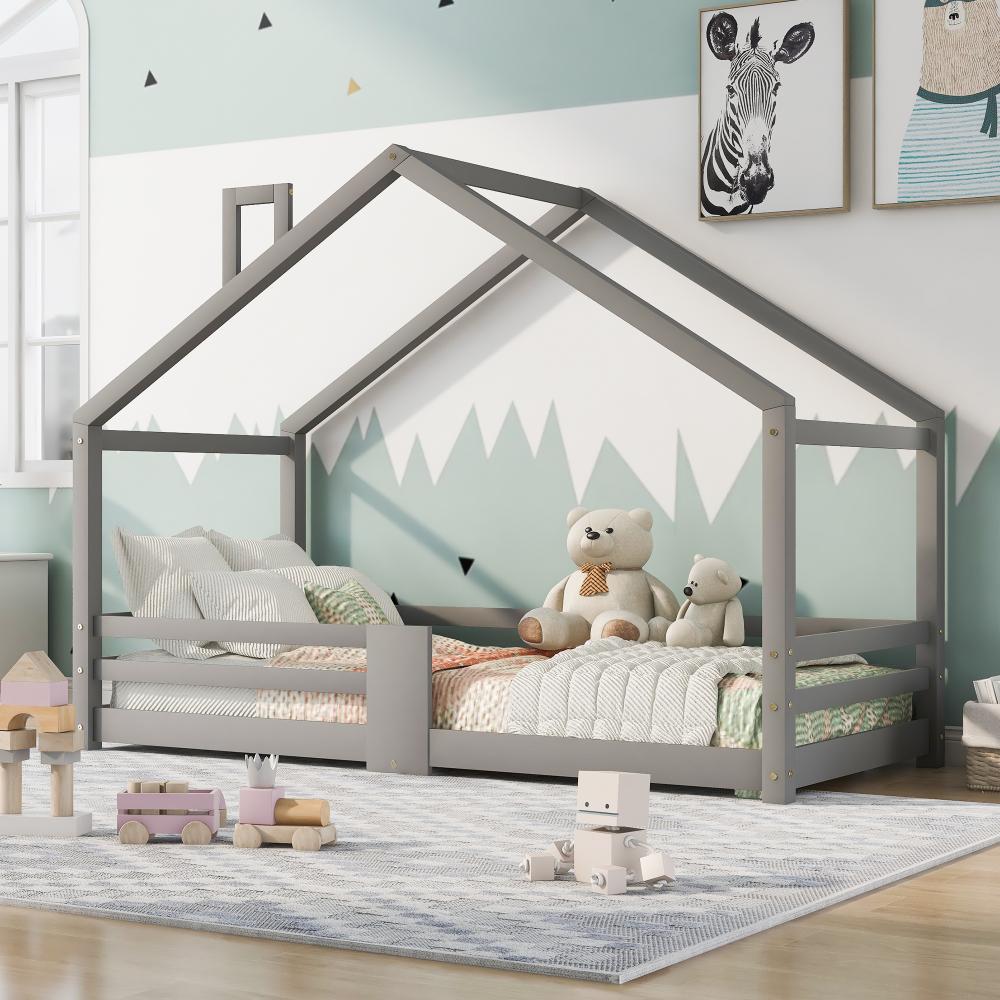 Merax Kinderbett Hausbett mit Schornstein Rausfallschutz Robuste Lattenroste Kiefernholz Haus Bett for Kids, 90 x 200 cm ohne Matratze, Grau Bild 1