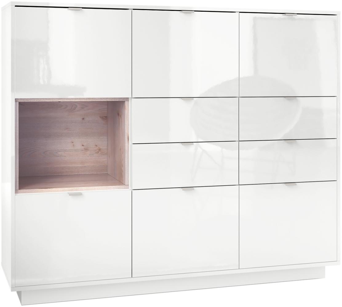 Highboard Sideboard Metro V2, Korpus in Weiß Hochglanz / Fronten in Weiß Hochglanz mit Einsatz in Eiche Nordic Bild 1
