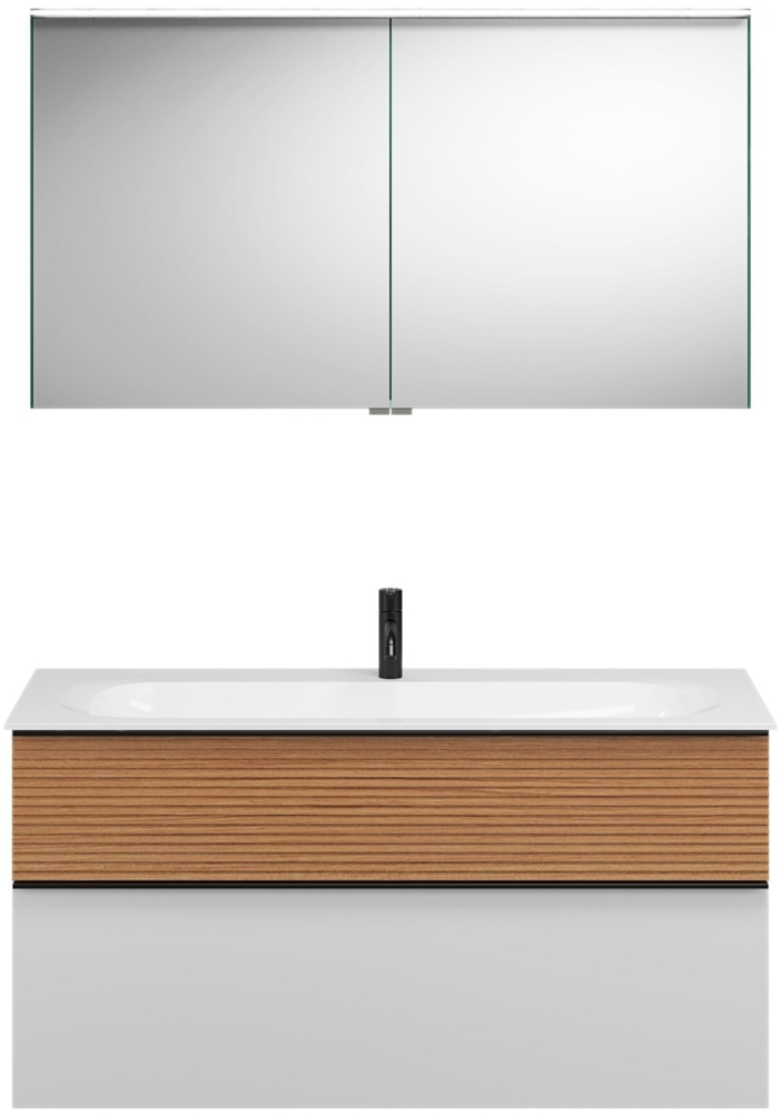 Burgbad FIUMO Waschtisch Set mit Spiegelschrank 122 cm breit, Braun/Weiß, Waschbecken Gussmarmor Weiß Bild 1