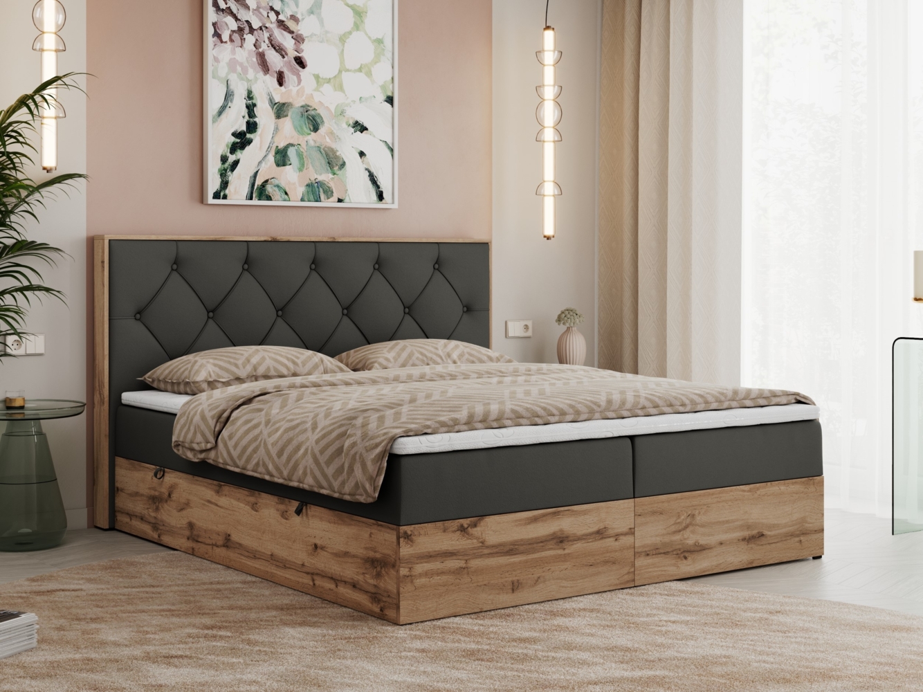 Boxspringbett, Schlafzimmerbett, Bettkasten - VENETO -160 x 200 cm - Dunkelgrau Kunstleder - H3 Bild 1