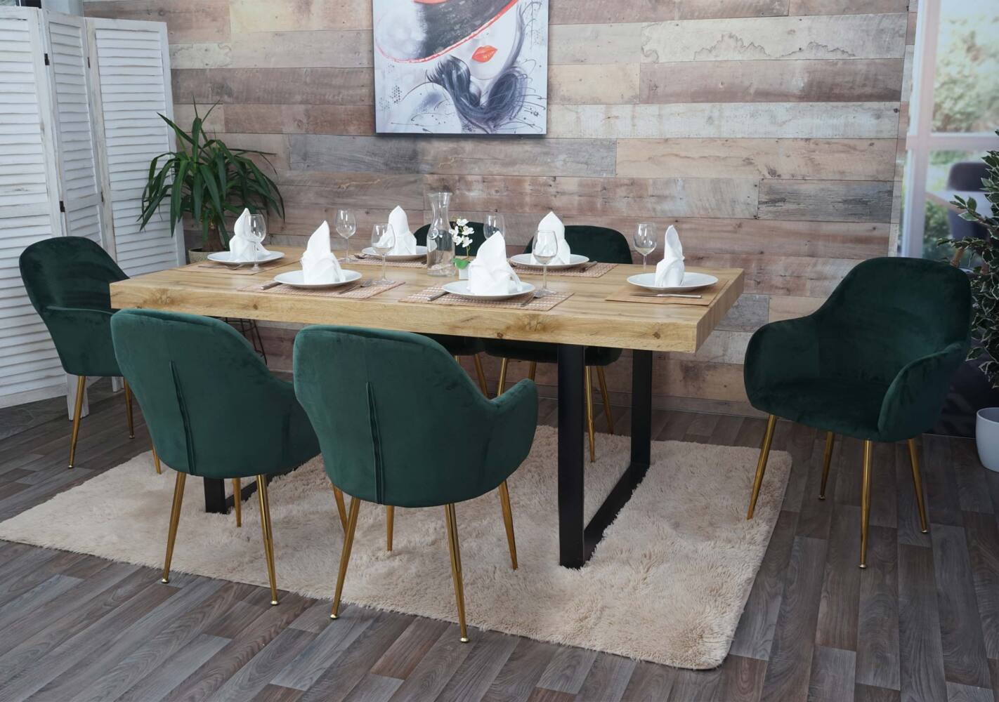 6er-Set Esszimmerstuhl HWC-F18, Stuhl Küchenstuhl, Retro Design ~ Samt grün, goldene Beine Bild 1