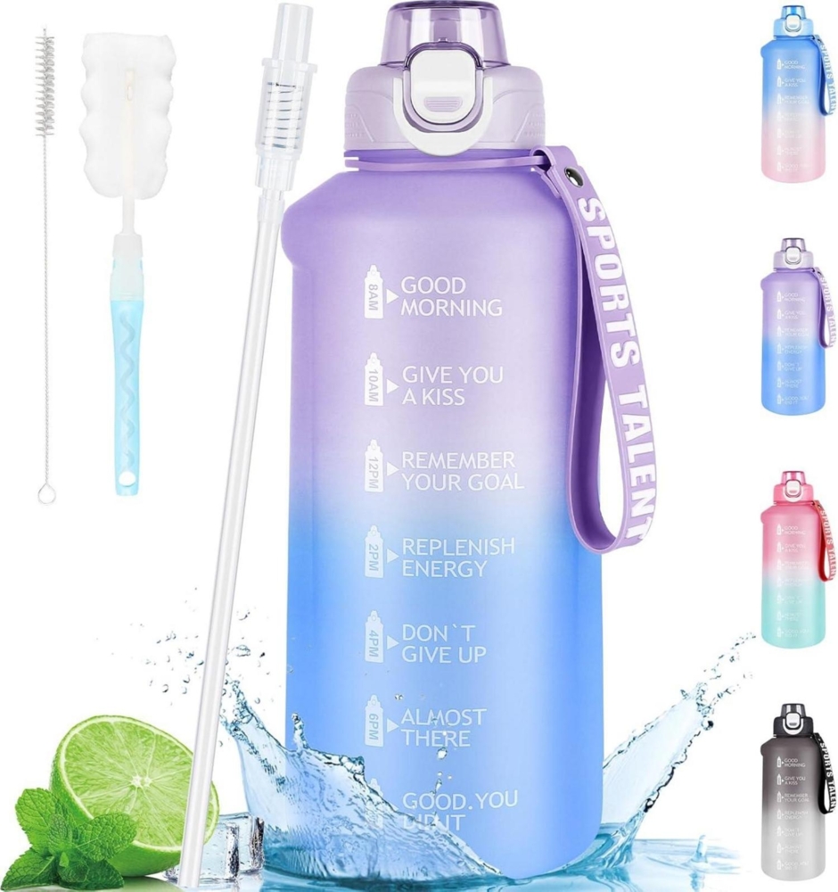 AOHAN Trinkflasche 2l mit Strohhalm, BPA-Frei Sportflasche Wasserflasche Fitness Bild 1