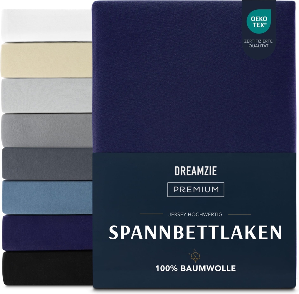 Dreamzie Premium Spannbettlaken 120x200 cm, Spannbetttuch für Dicke Matratzen bis zu 22 cm, Bettlaken 100% Jersey Baumwolle, 150 g/m², Oeko-TEX Zertifiziert - Dunkelblau Bild 1