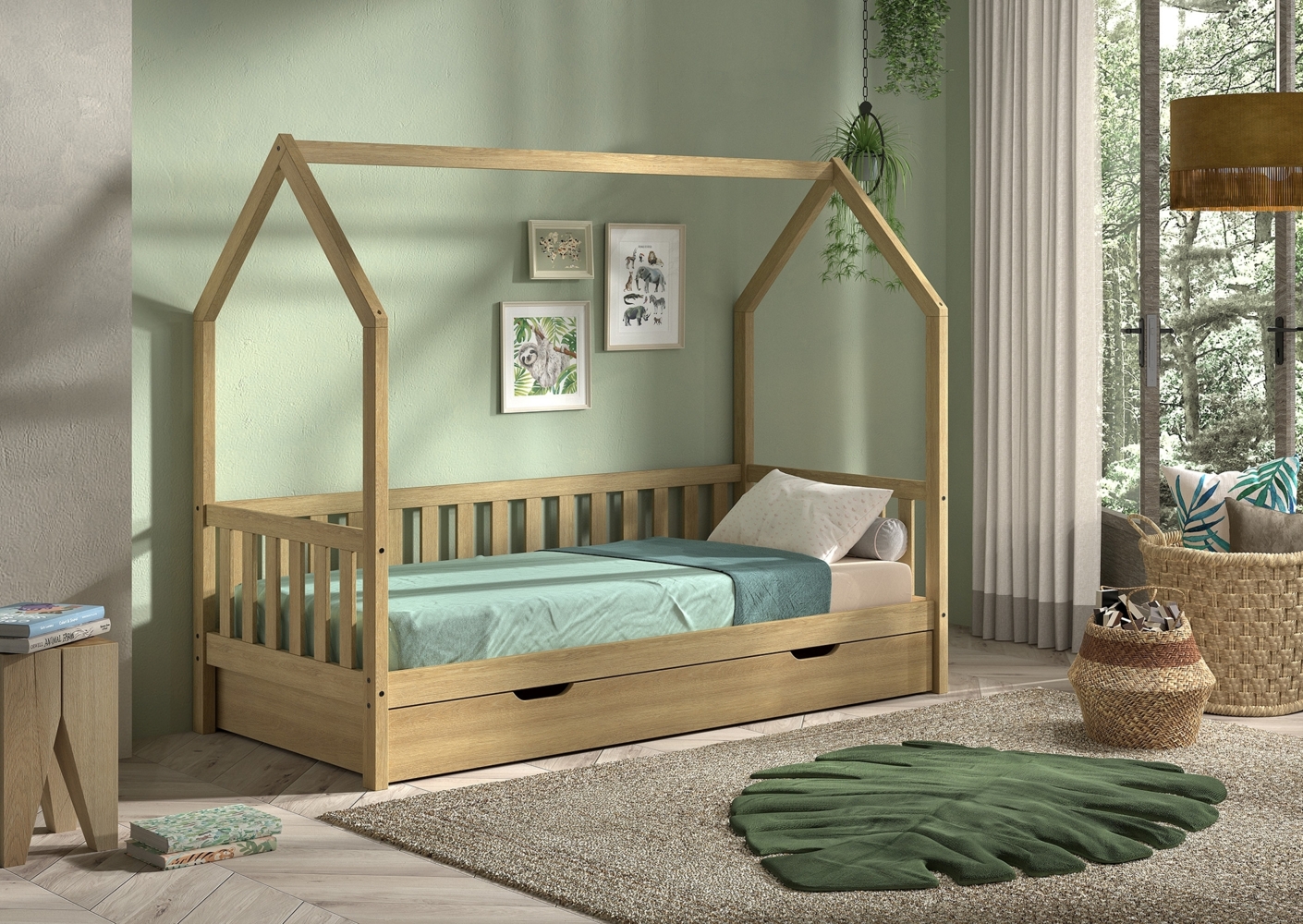 CABANE Hausbett 90x200 cm, seitlicher Umrandung, Bettschublade, Eiche massiv natur Bild 1