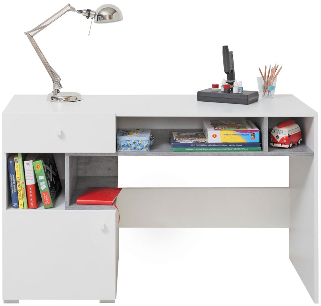 Schreibtisch Nonnus 10, Farbe: Weiß / Weiß + Beton, 125 x 76 x 55 cm Bild 1