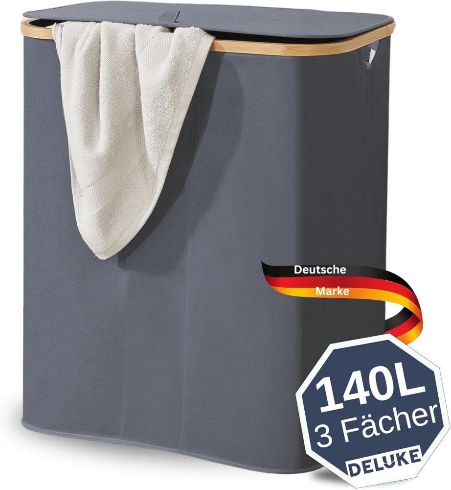 DELUKE® Wäschekorb mit Deckel 140L - Wäschekorb 3 Fächer Wasserabweisender Wäschesammler 3 Fächer & herausnehmbaren Wäschesäcke Faltbare Wäschebox mit Waschhinweisen Grau Bild 1