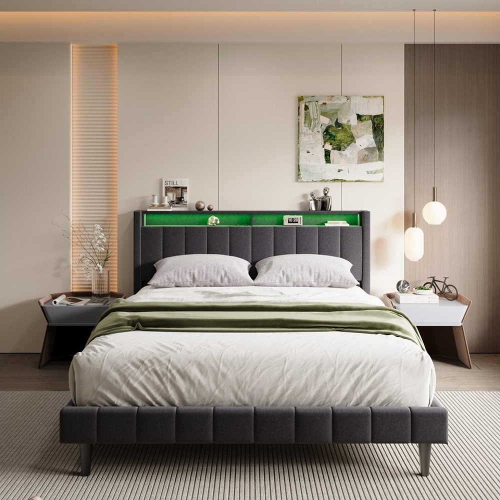 Gdood Jugendbett Polsterbett Doppelbett Stauraumbett LED, Leinenstoff (1-tlg, 2 Steckdosen + 2 USB- Anschlüsse), Mit LED-Beleuchtung, Lattenrost, 160x200 cm Bild 1