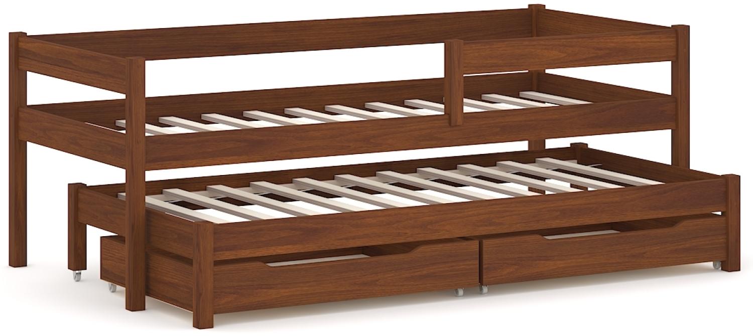 WNM Group Kinderbett Ausziehbar JULA mit Rausfallschutz und Lattenrost - Bett mit Schubladen - Ausziehbett für Jugendliche - Jugendbett - Funktionsbett - Palisander - 70x140 70x130 Bild 1