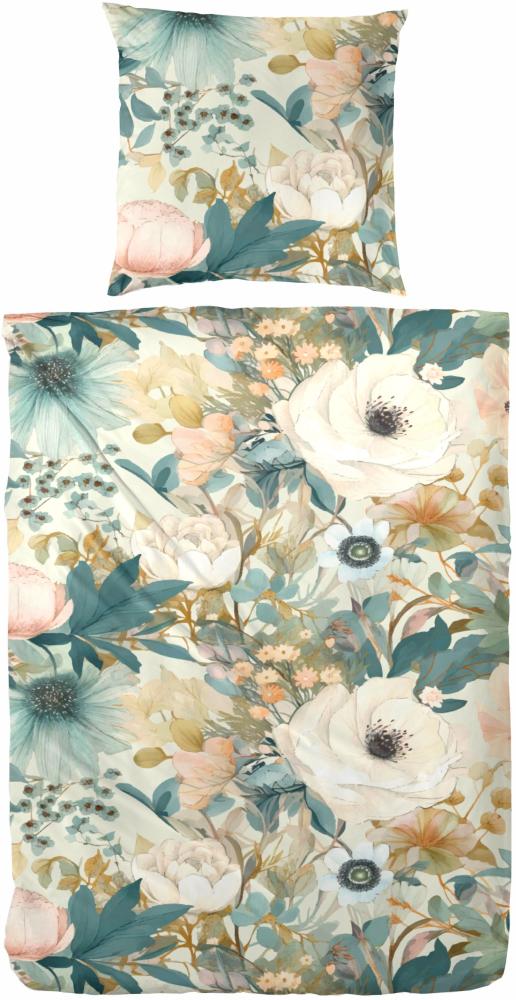 Primera Mako-Satin Bettwäsche 135x200 Blüten Rosen weiß creme petrol 243230-51 Bild 1