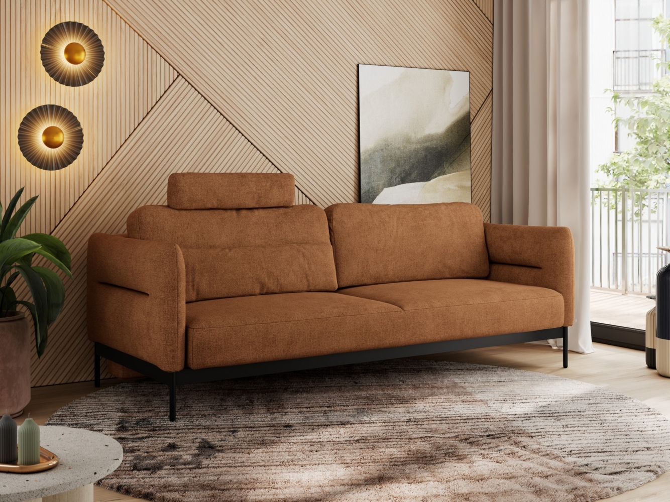 Sofa mit Schlaffunktion, schwarze Metallstruktur, mobile Kopfstütze, Schlafsofa mit losen Kissen - SALENTO - Orange Struktur Bild 1