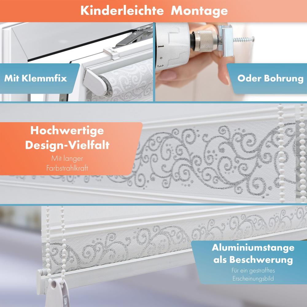 Bailena Doppelrollo Klemmfix ohne Bohren mit Muster Ranken Blumen Motiv 3in1 Klemmrollo Weiß Silber 60x150 cm Bild 1