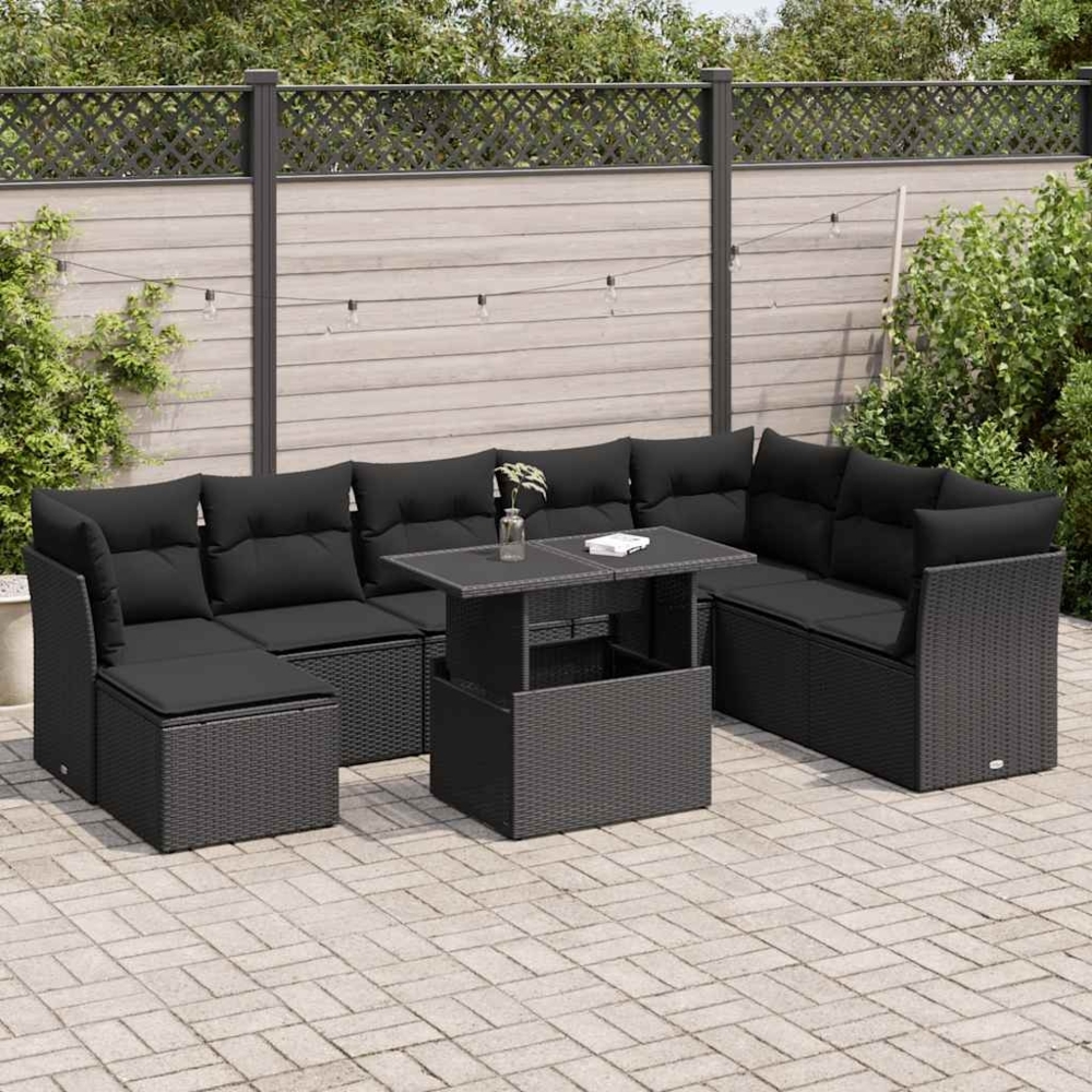 vidaXL 9-tlg. Garten-Sofagarnitur mit Kissen Schwarz Poly Rattan 3326206 Bild 1