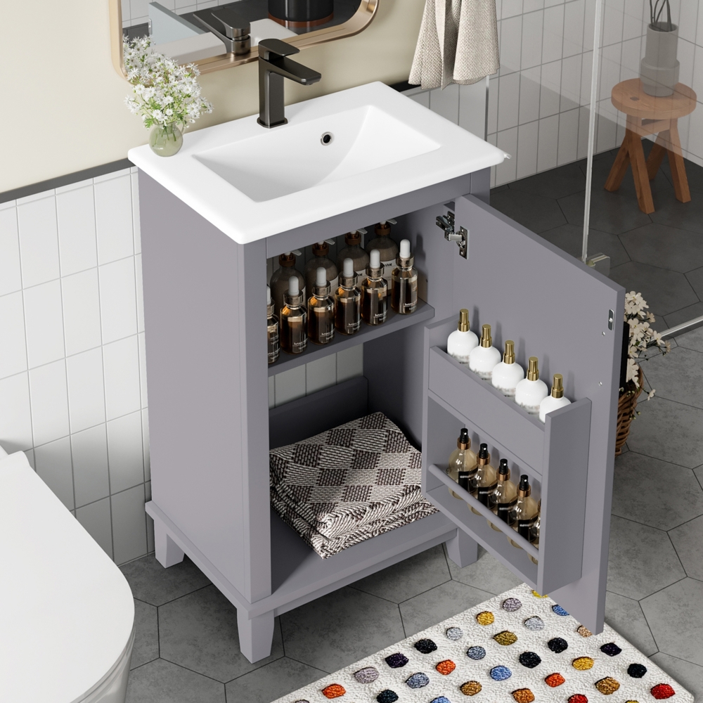 Merax 51x34x83cm Waschtisch, Badezimmerschrank mit Waschbeck, verstellbare Regale, integriertes Keramikwaschbecken, geeignet für kleine Räume, Grau Bild 1