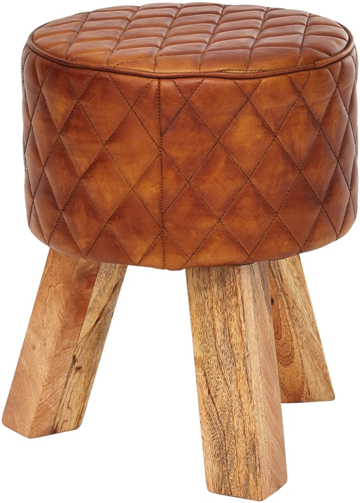 Wohnling Sitzhocker Echtleder / Massivholz 35 x 46 x 35 cm Modern Fußhocker Rund | Turnbock Lederhocker Braun Bild 1