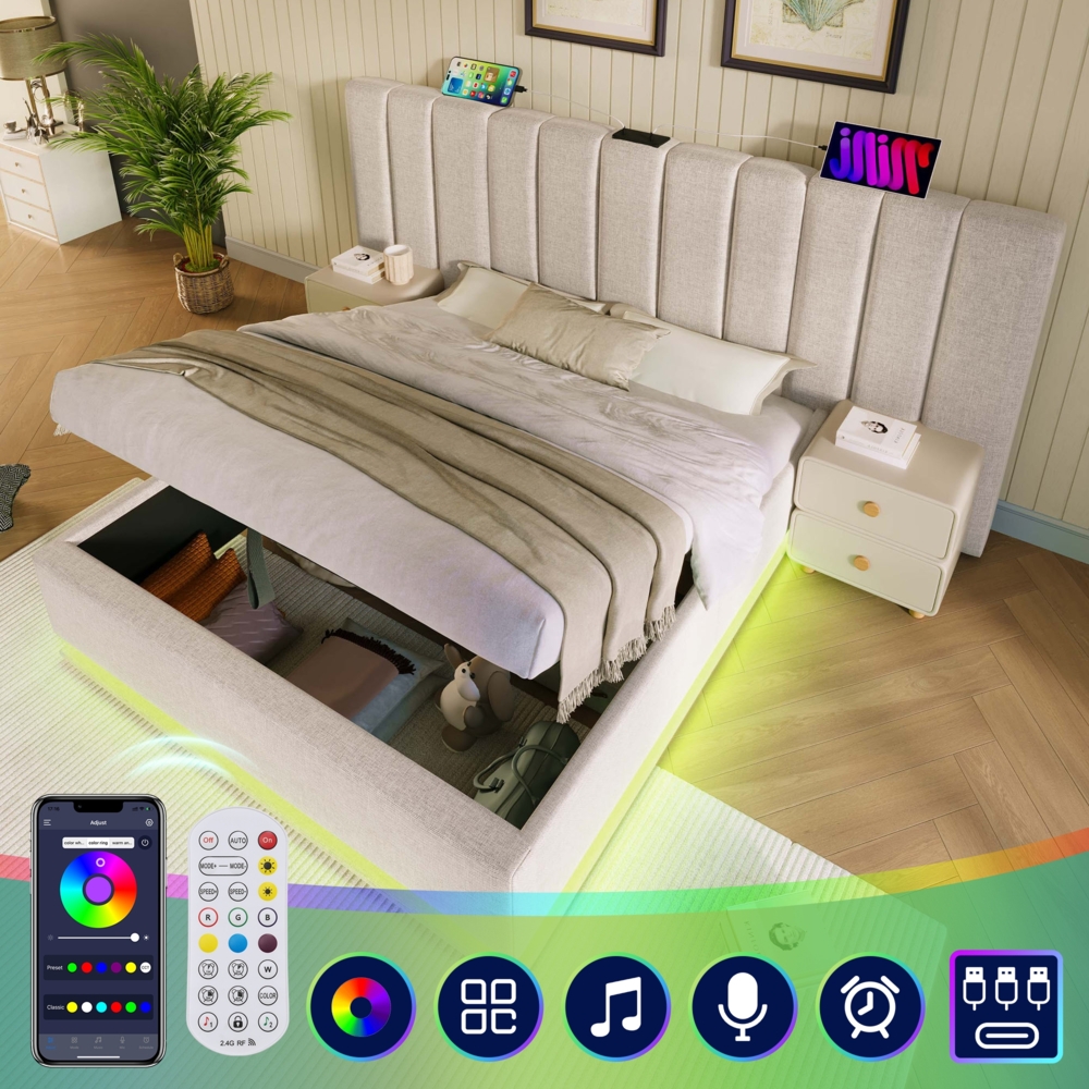 Merax Polsterbett 160×200, Doppelbett Stauraumbett mit App Control LED und USB-C Ladefunktion, Bettgestell mit Lattenrost, Leinen, Beige, Ohne Matratze und Nachttisch Bild 1