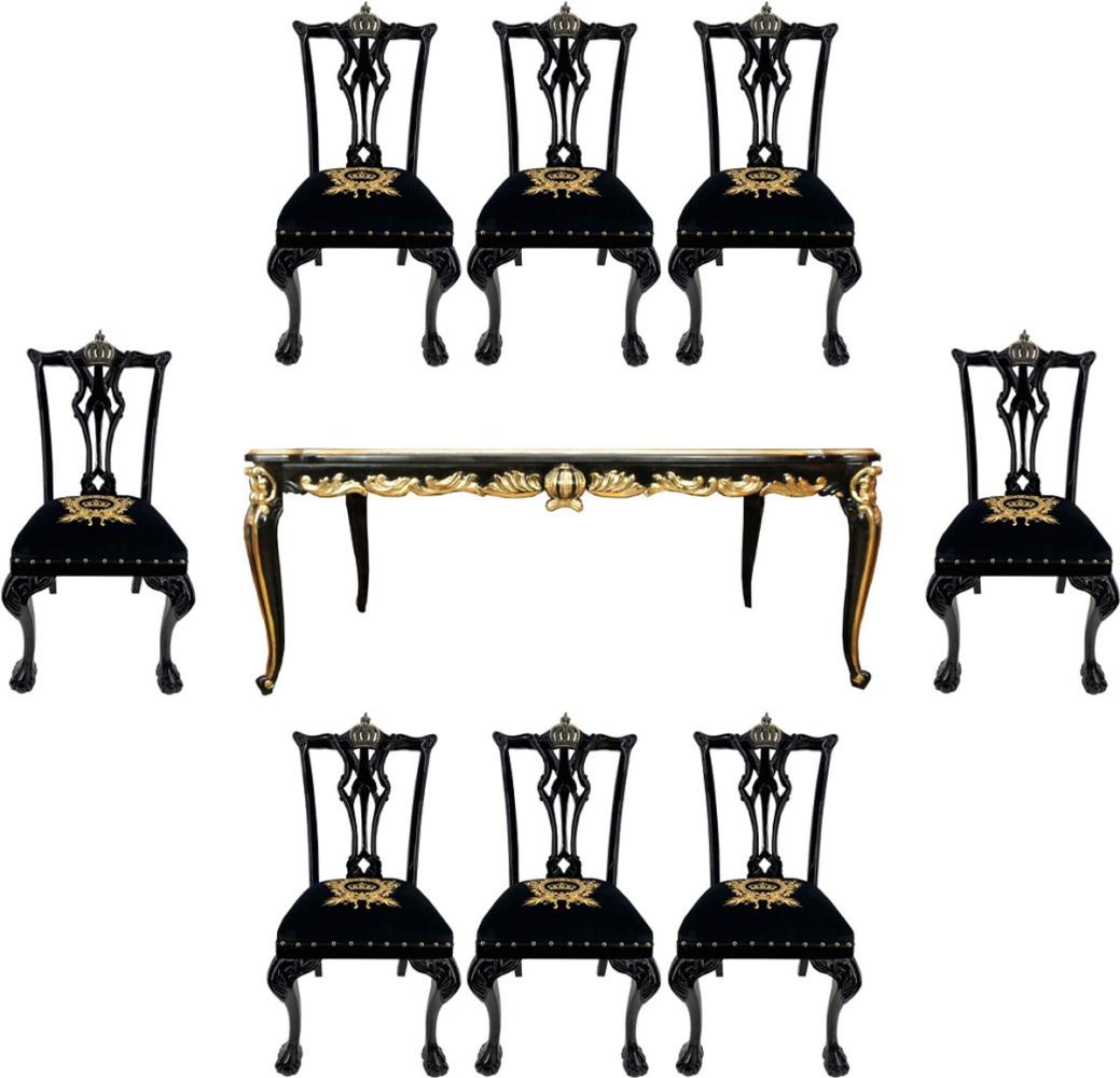 Pompöös by Casa Padrino Barock Luxus Esszimmer Set Krone Schwarz / Gold - Pompööser Barock Esstisch mit Glasplatte und 8 Stühlen designed by Harald Glööckler - Esszimmer Möbel im Barockstil Bild 1