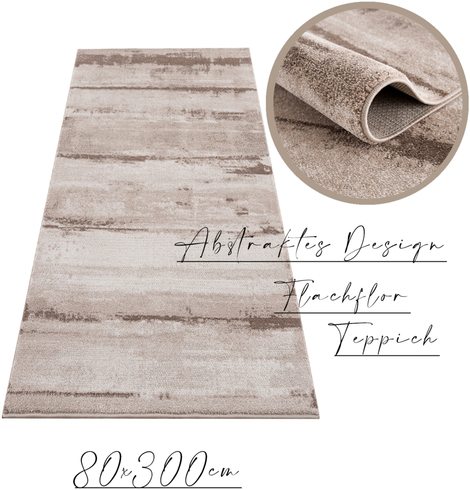 Teppich Läufer fürs Flur Korridor - 80x300cm - Braun Beige Erdtöne - Meliert Abstrakt Design - Weich Flachflor Dekoration Deko Teppiche Bild 1