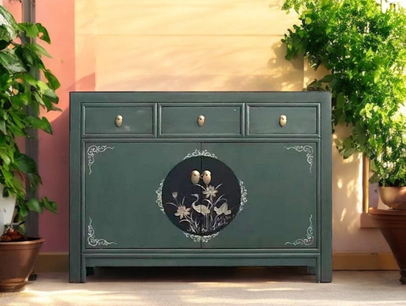 Vintage Kommode Dunkelgrün chinesisch Schrank Sideboard Kolonial-Stil Antik-Stil Lowboard asiatisch orientalisch Fernost shabby-chic Landhaus Bild 1