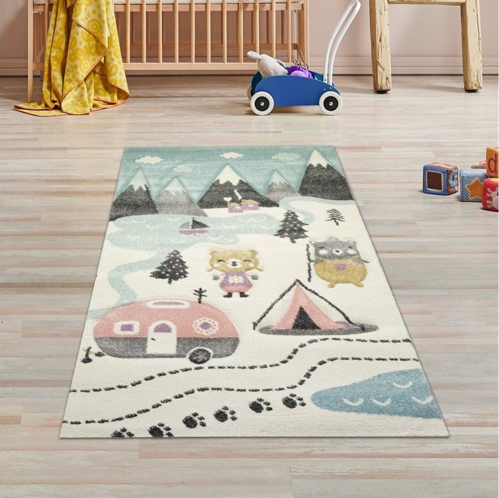 TeppichHome24 Kinderteppich Kinderzimmer Teppich Bären Wohnwagen Blau, rechteckig, Höhe: 13 mm Bild 1