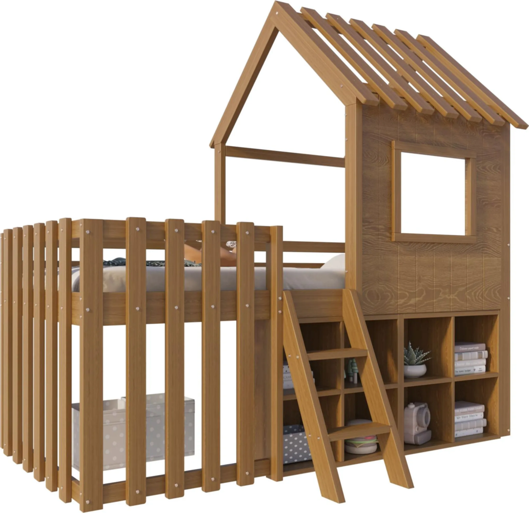 Kinderbett mit Regal, Leiter und Lattenrost, 90x200 cm, Rausfallschutz, Holzbett, Jugendbett, Einzelbett, Kiefer Bild 1