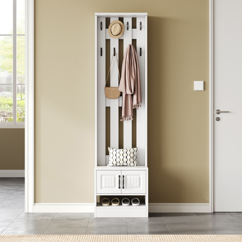 Schuhschrank mit Sitzfläche und Stauraum, multifunktionaler Schrank, Kleiderschrank Garderobenschrank Dielenschrank mit Türen und schwarzem Griff Bild 1