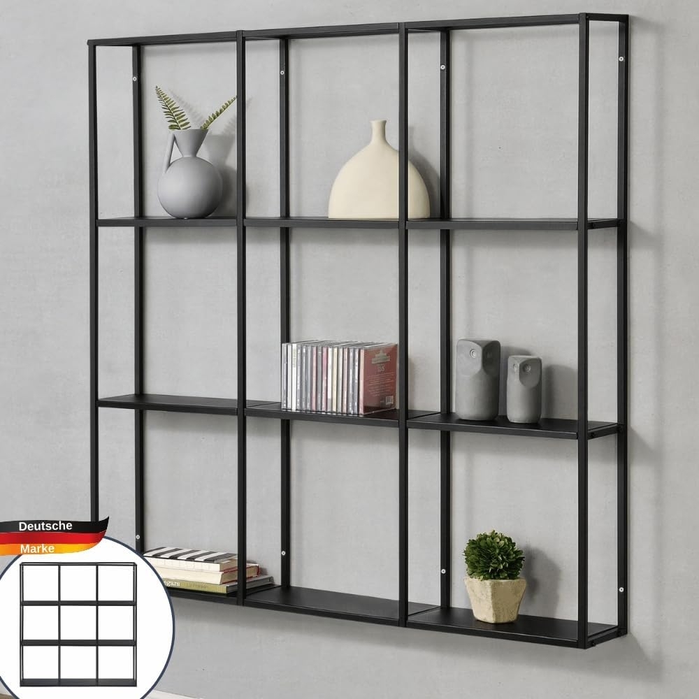 DELUKE® Wandregal Schwarz Metall RUCOM - 100x18x110cm Hängeregal Metall Schweberegal Schwarz Bücherregal Wand hängend Fächerregal schwebend Bild 1