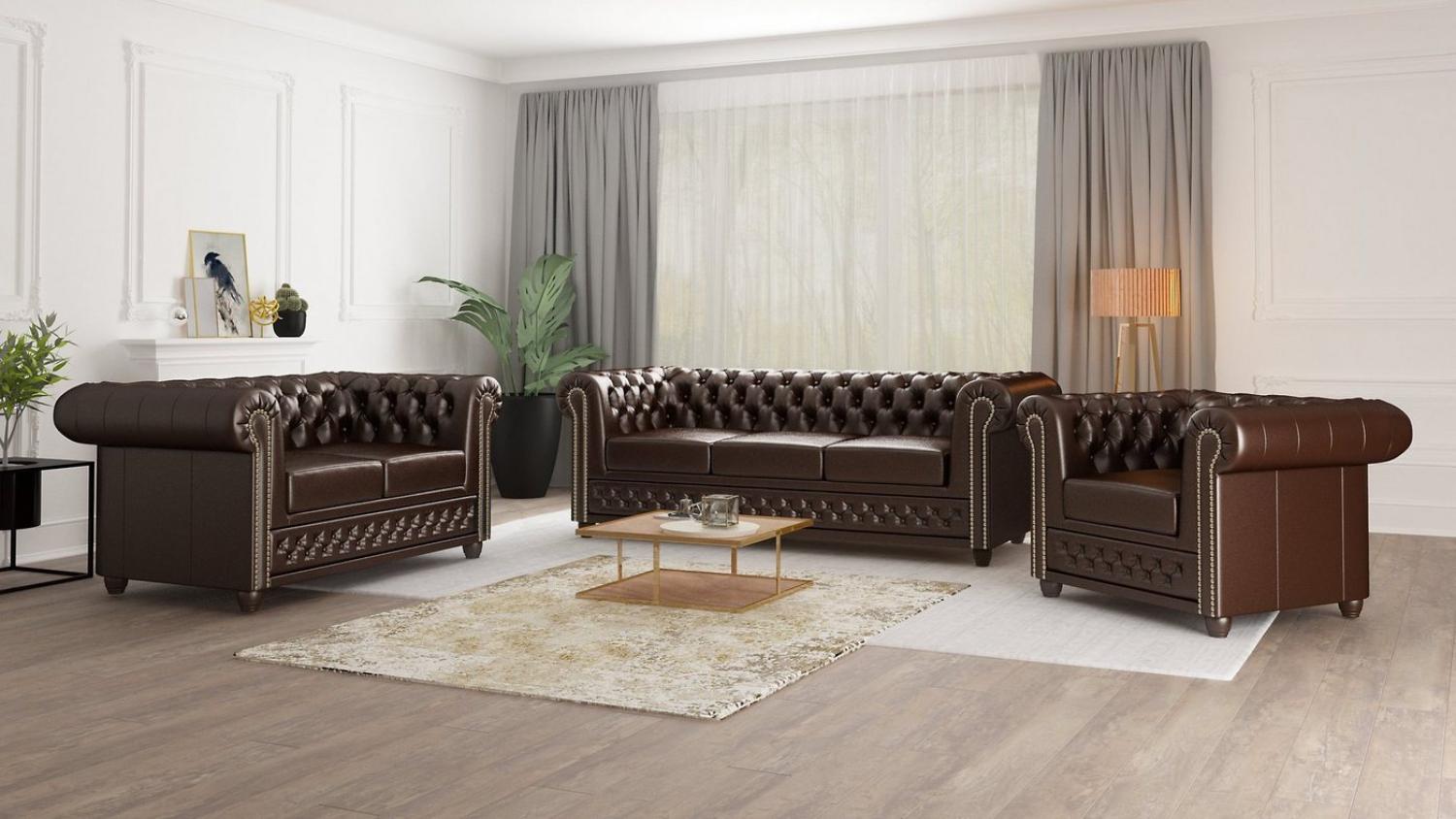 S-Style Möbel Polstergarnitur Chesterfield Jeff 3+2+1 aus veganem Leder mit Holzfüßen, (1x 3-Sitzer-Sofa, 1x 2-Sitzer-Sofa, 1x Sessel), mit Wellenfederung Bild 1