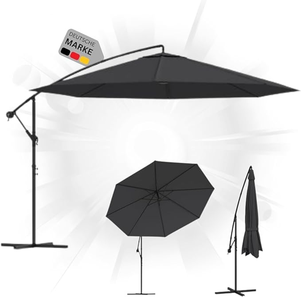 DELUKE® Sonnenschirm rund MARC 350cm Schwarz UV-Schutz, Kurbelsystem Ampelschirm rund Freiarm Sonnenschirm 350 cm Kurbelschirm Standschirm Sonnenschutz Gartenschirm Balkonschirm klassisch Bild 1