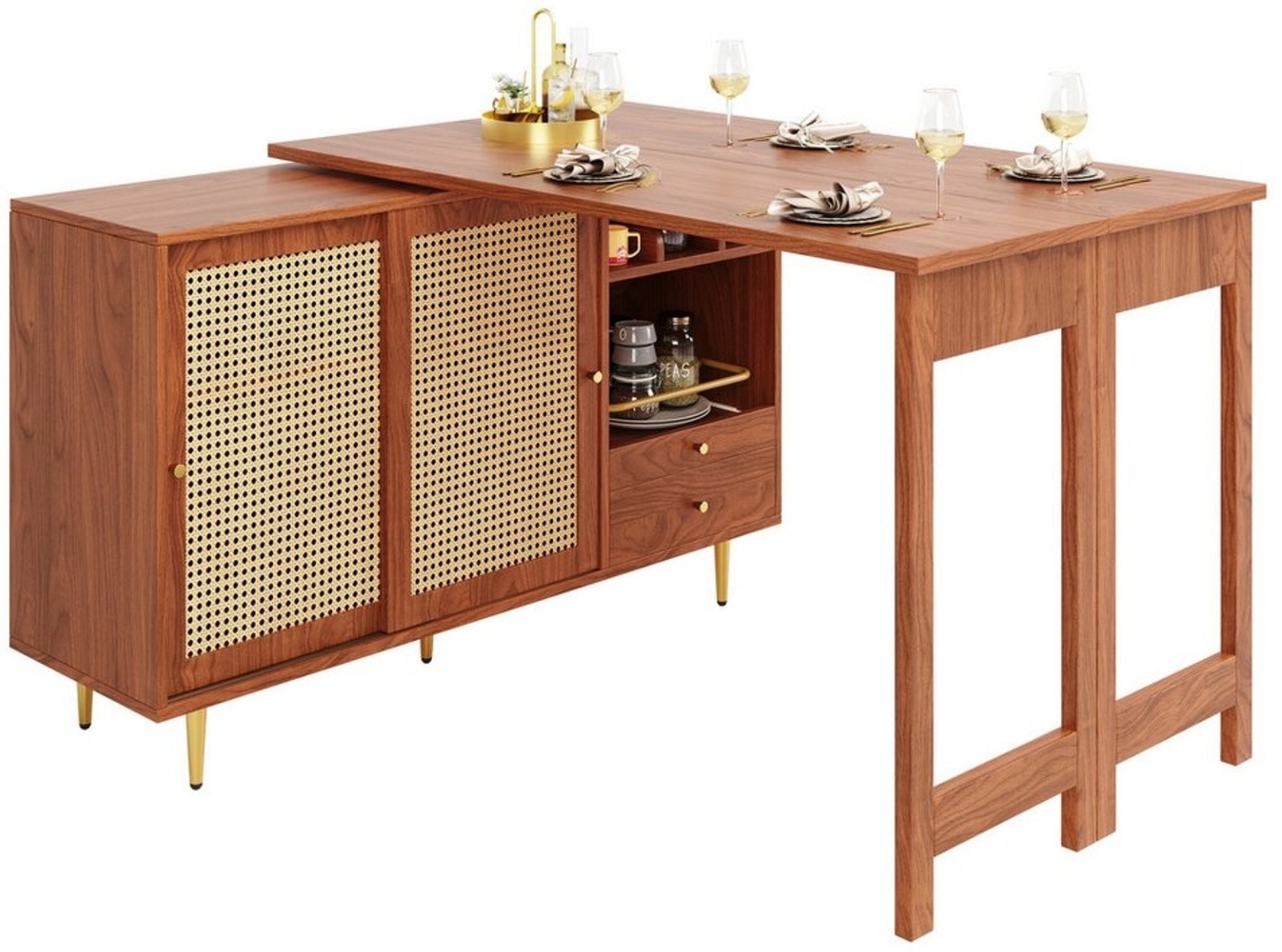 i@home Bartisch Um 360° drehbarer, mit Rattantür und offenes Lagerregal, Braun/Schwarz (1* Hauptkörper, 1* ausziehbarer Tisch), ausziehbarer Design, Hauptkörper: 107 x 40 x 71,4 cm Bild 1