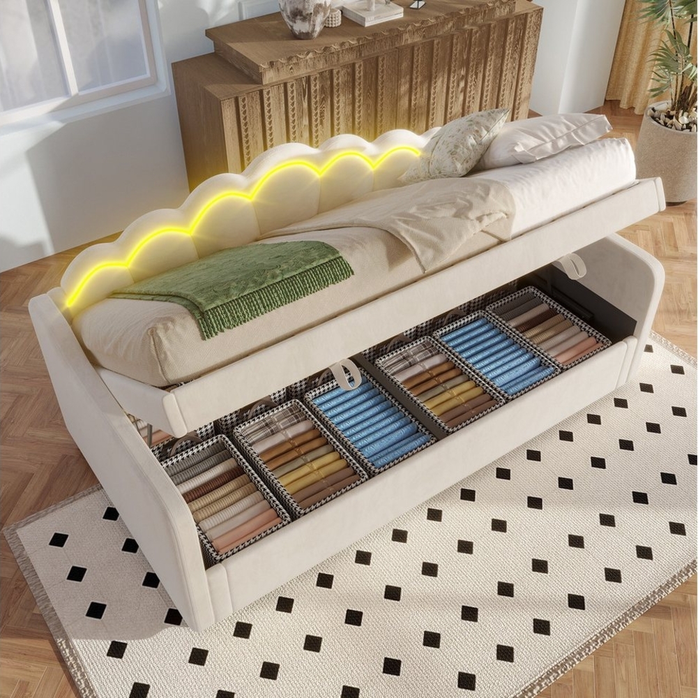 Merax Daybett (1 tlg), Polsterbett 90x200cm mit hydraulischem Stauraum & LED-Streifen, Samt Bild 1