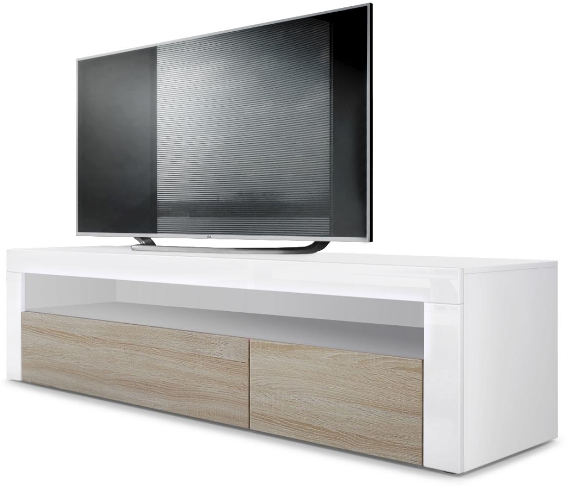 Vladon Lowboard Valencia, TV-Kommode mit 1 offenem Fach und 2 Klappen, Weiß matt/Eiche sägerau/Weiß Hochglanz (155 x 46 x 40 cm) Bild 1