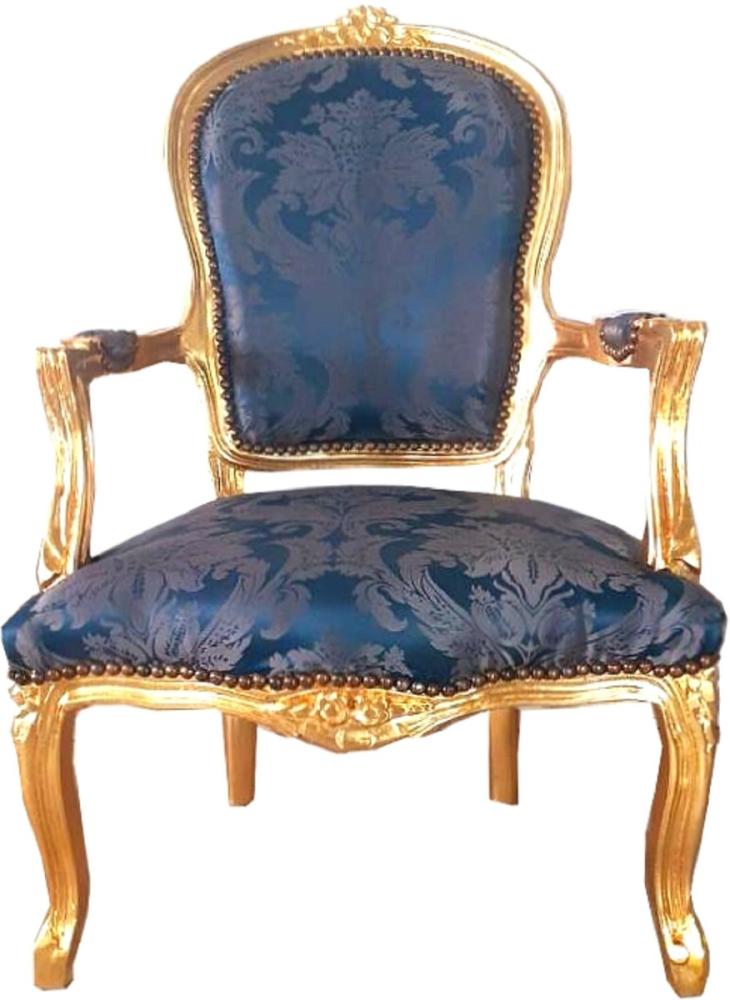 Casa Padrino Barock Salon Stuhl Royalblau Muster / Gold 60 x 50 x H. 93 cm - Handgefertigter Antik Stil Stuhl mit edlem Satinstoff - Möbel im Barockstil Bild 1